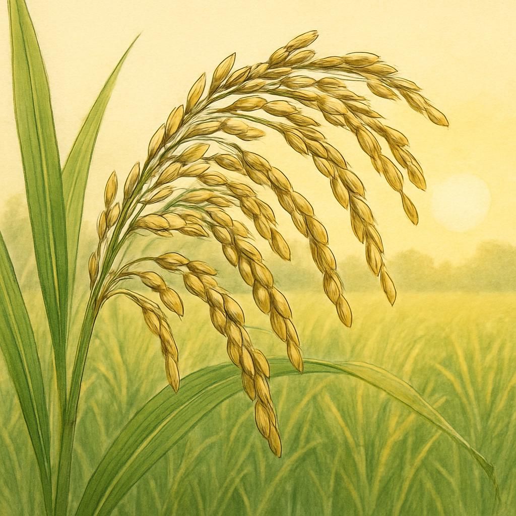 Close-up of Gandhakasala rice grains on a paddy in Kerala.