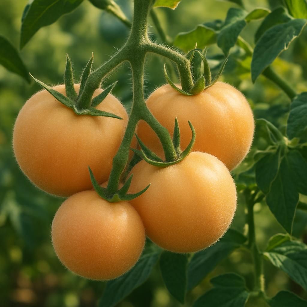 Close-up of fuzzy Garden Peach Tomato fruits ripening on the vine with vibrant green leaves