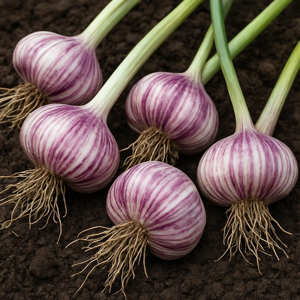 Close-up of Chesnok Red garlic bulbs showing purple stripes and healthy roots on soil