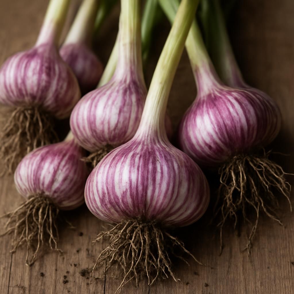 Freshly harvested German Red garlic bulbs showing purple striped wrappers and roots