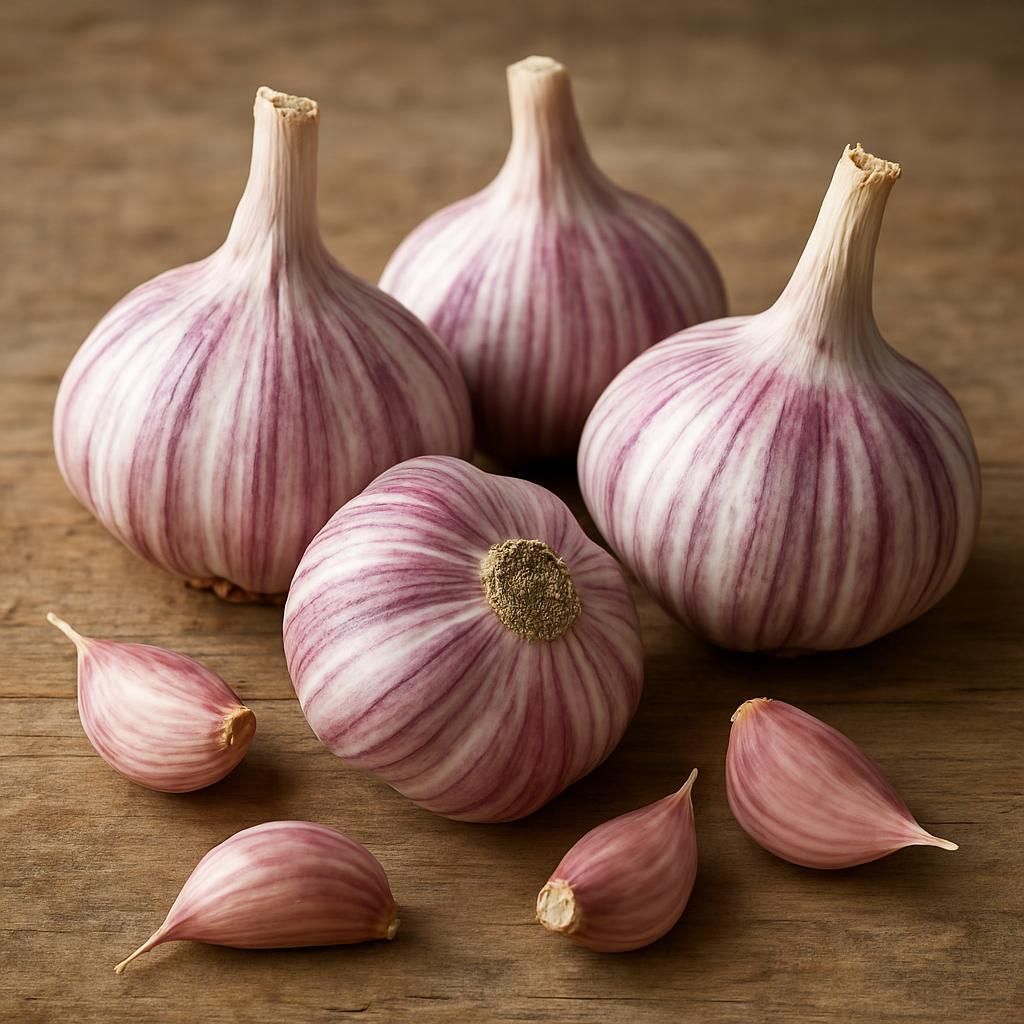 Close-up of Inchelium Red garlic bulbs showing purple-streaked skins and large cloves on wooden surface