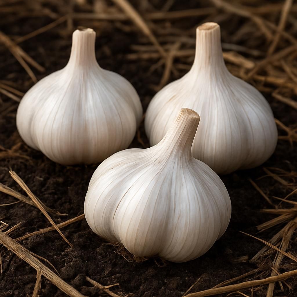 Close-up of harvested Music garlic bulbs showing large cloves and white papery skins on garden soil