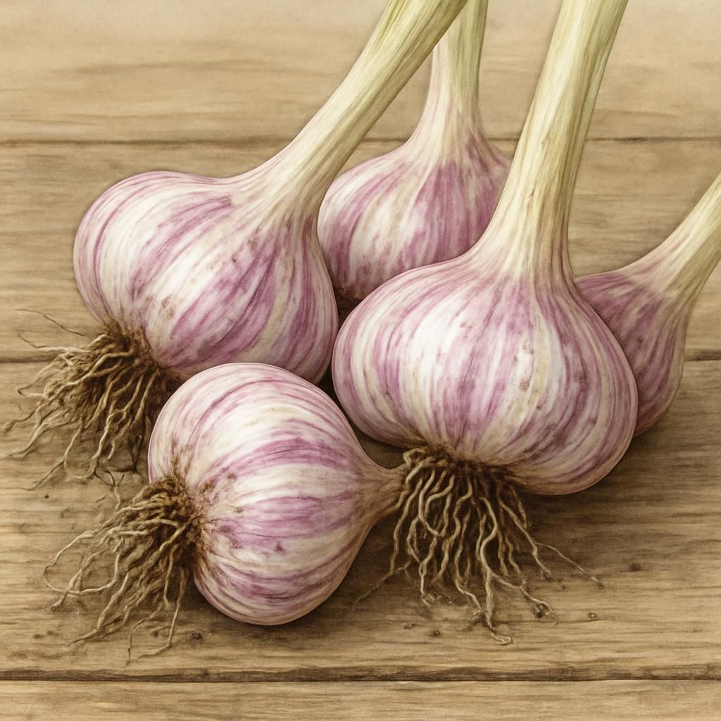 Freshly harvested Spanish Roja garlic bulbs showing purple streaks and roots