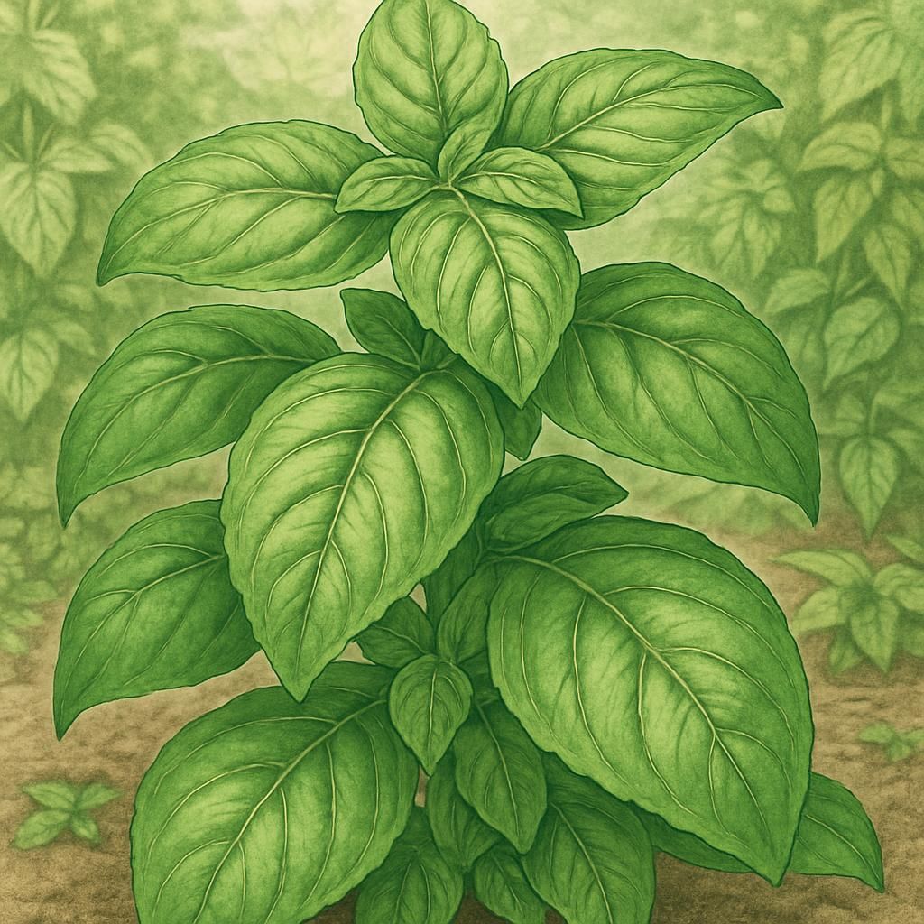 Close-up of Genovese Basil (Gigante) showing lush green leaves in a garden.