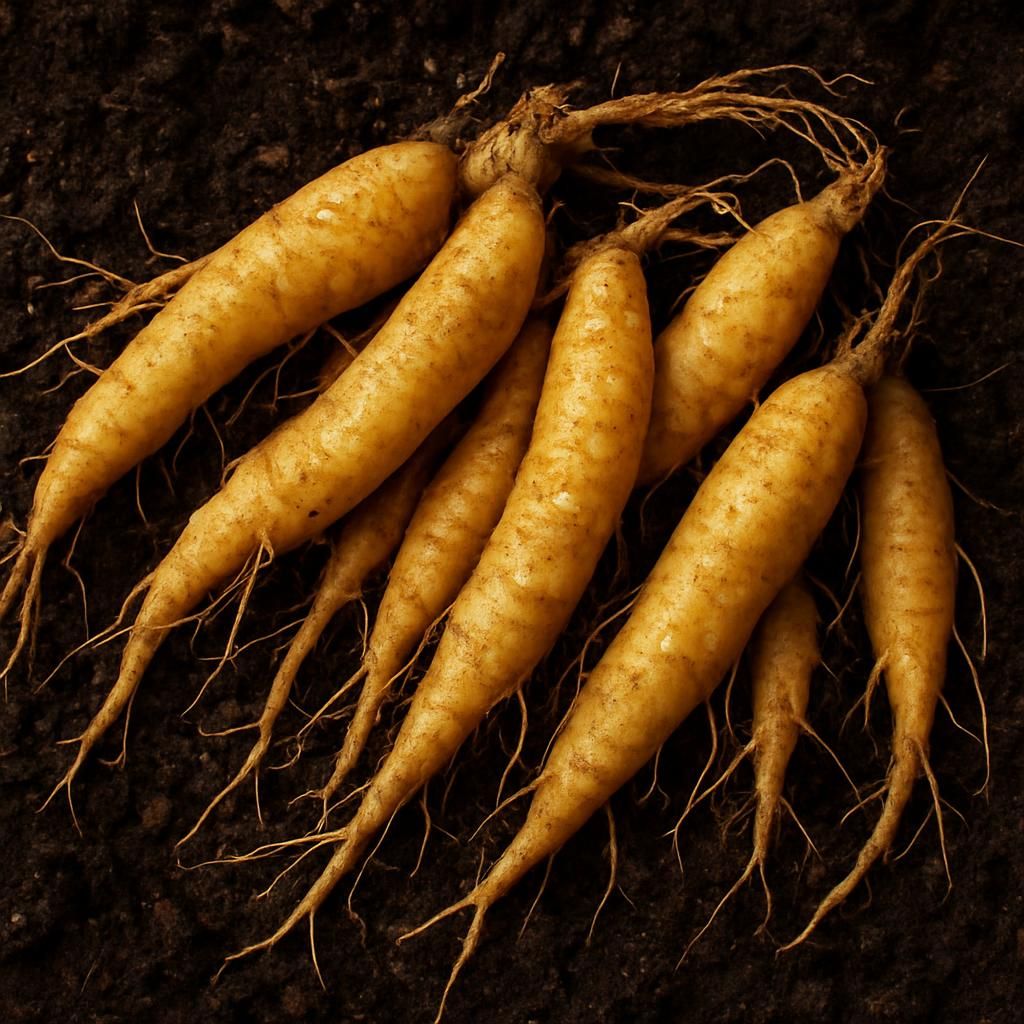Freshly harvested yellow gentian roots on dark soil for professional agricultural guide