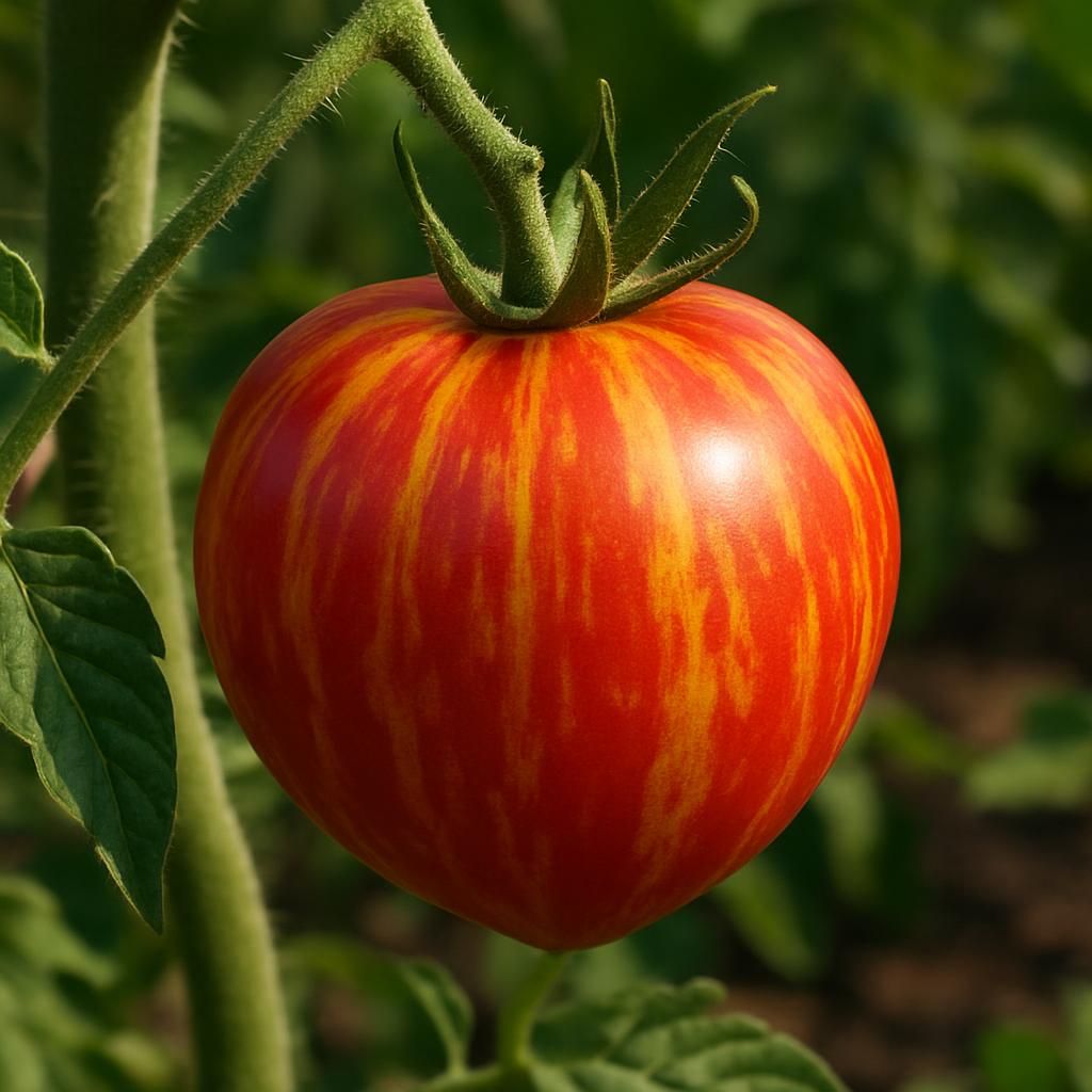 Ripe Georgia Streak Tomato with striking red-yellow streaks growing on the vine in a garden