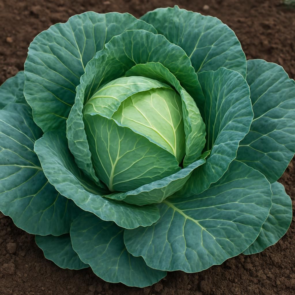 Close-up of mature German Giant cabbage head in field showing dense, crisp leaves ready for harvest