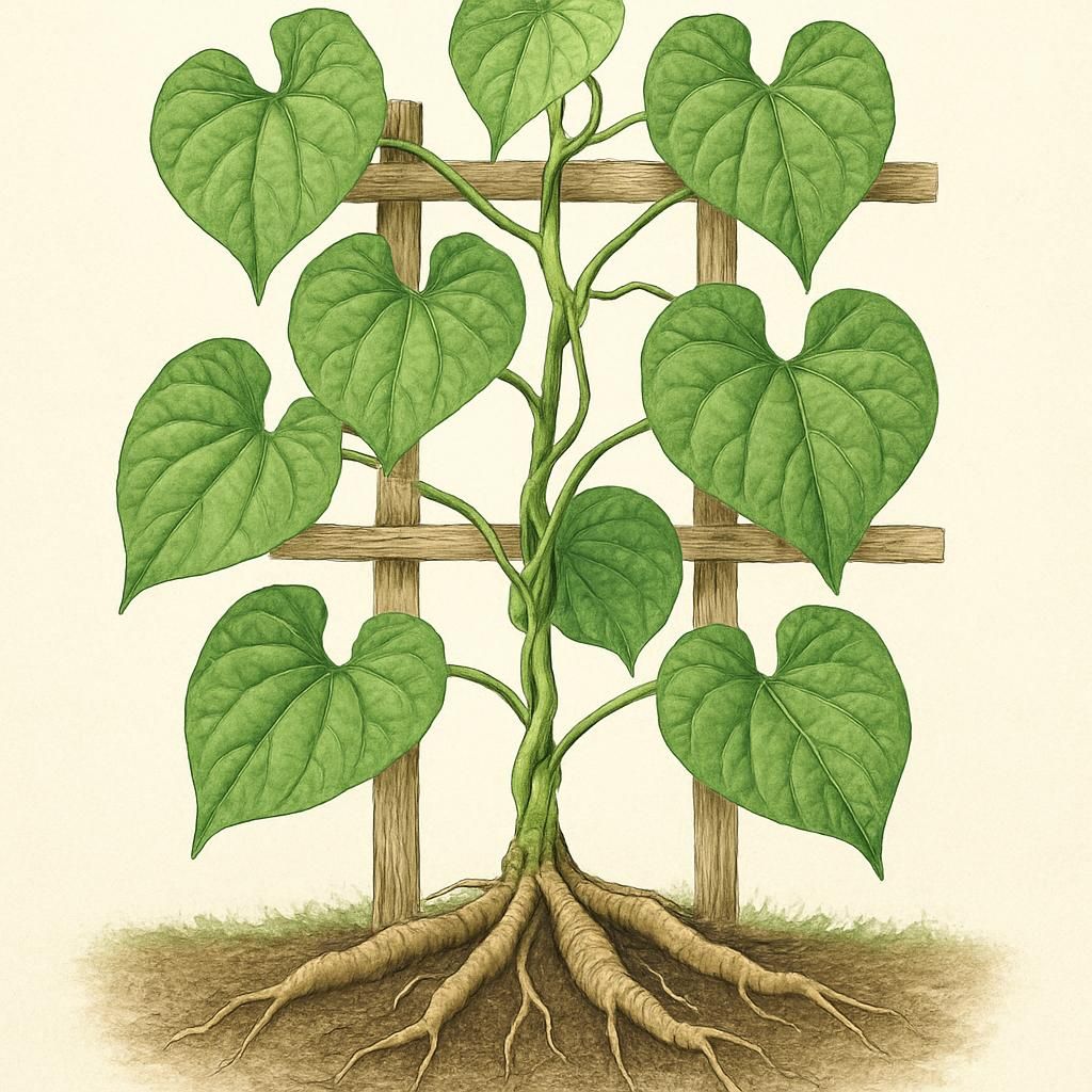 Close-up of Giloy Root vines on trellis showing healthy green leaves and tuberous roots