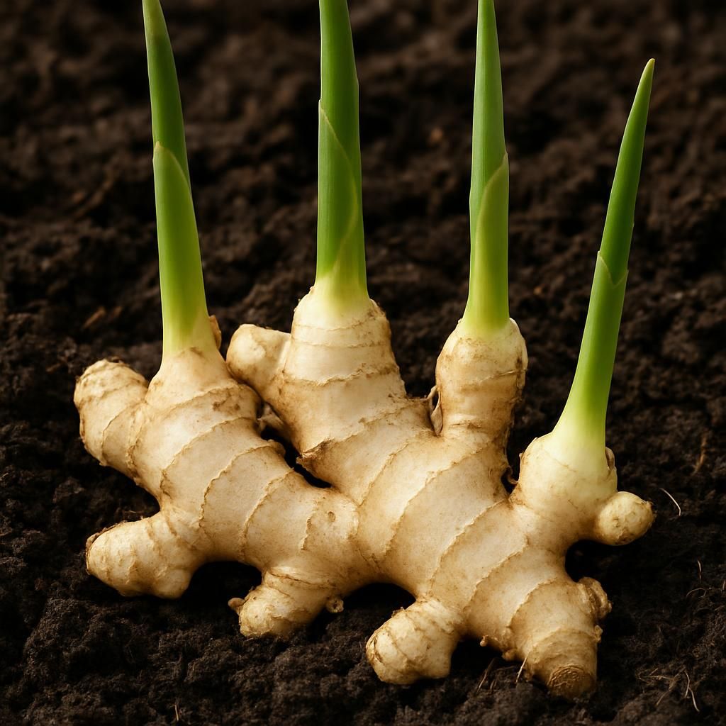 Close-up of fresh Chinese ginger rhizomes growing in fertile soil with green shoots