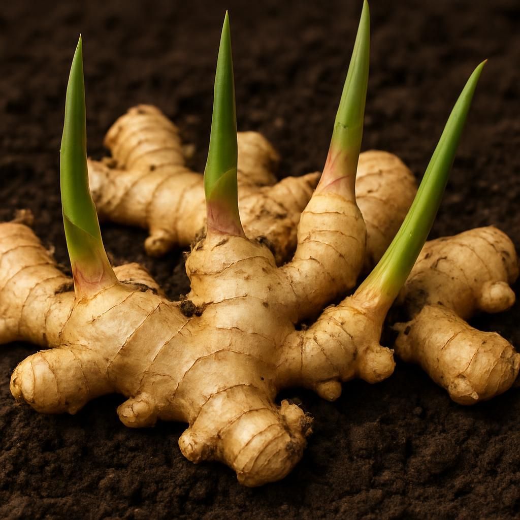 Fresh Jamaican ginger rhizomes with green shoots in fertile soil, professional agricultural close-up