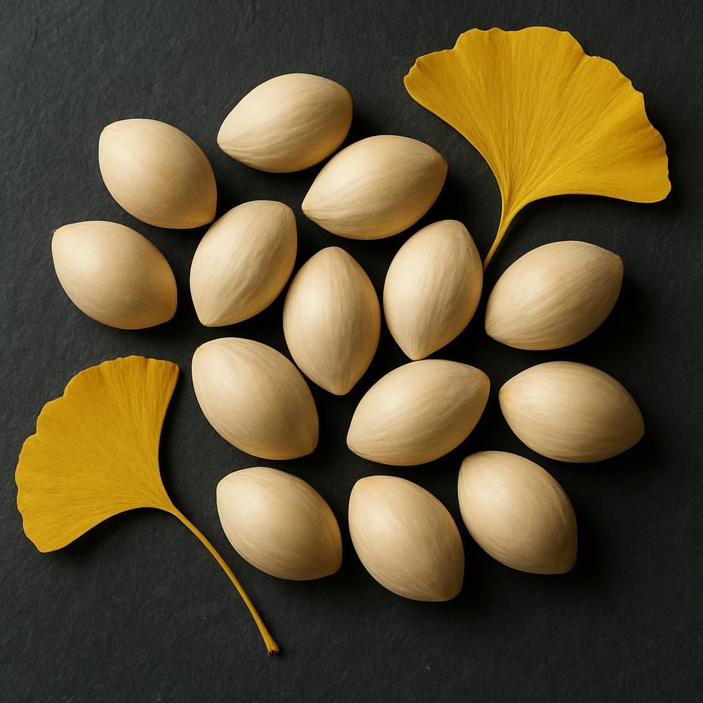 Fresh ginkgo nuts in shells with golden Ginkgo biloba leaves on slate surface