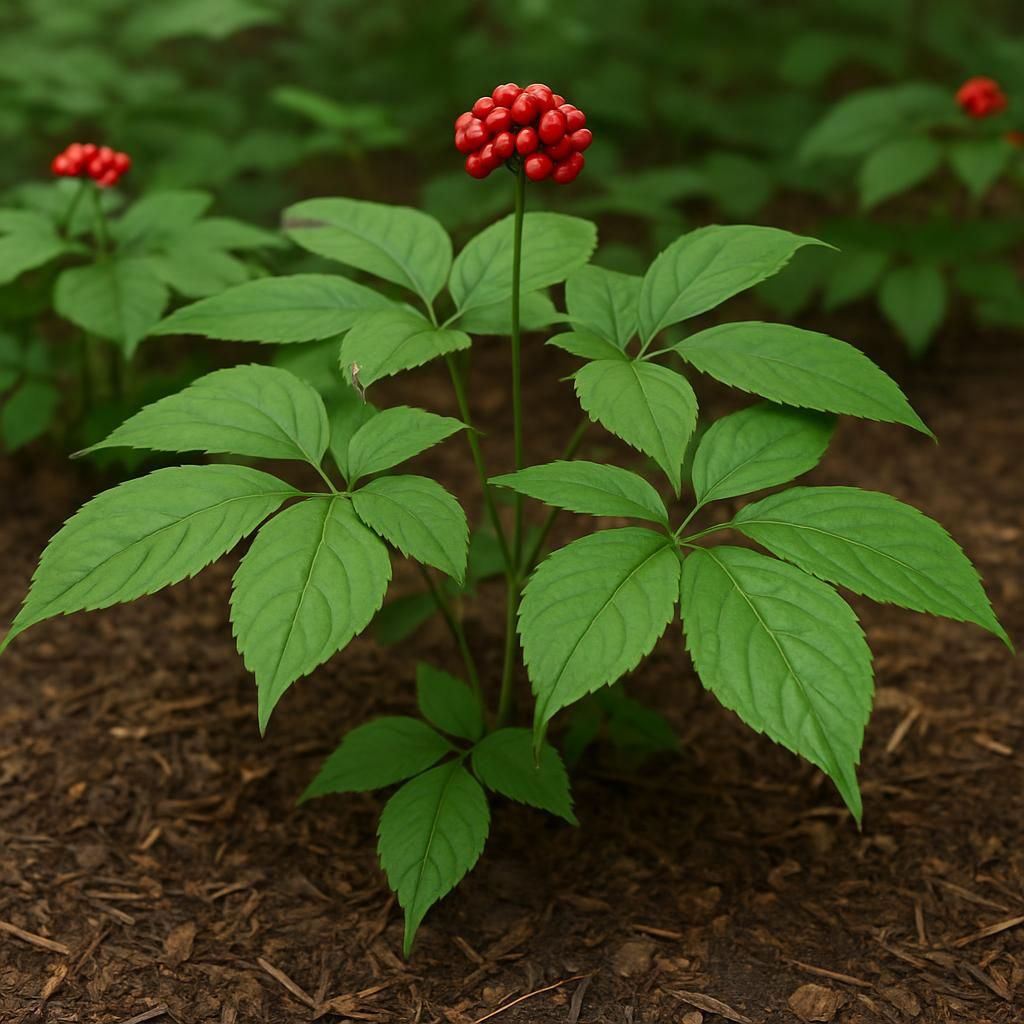 American ginseng plants with red berries under forest shade, rich soil and mulch