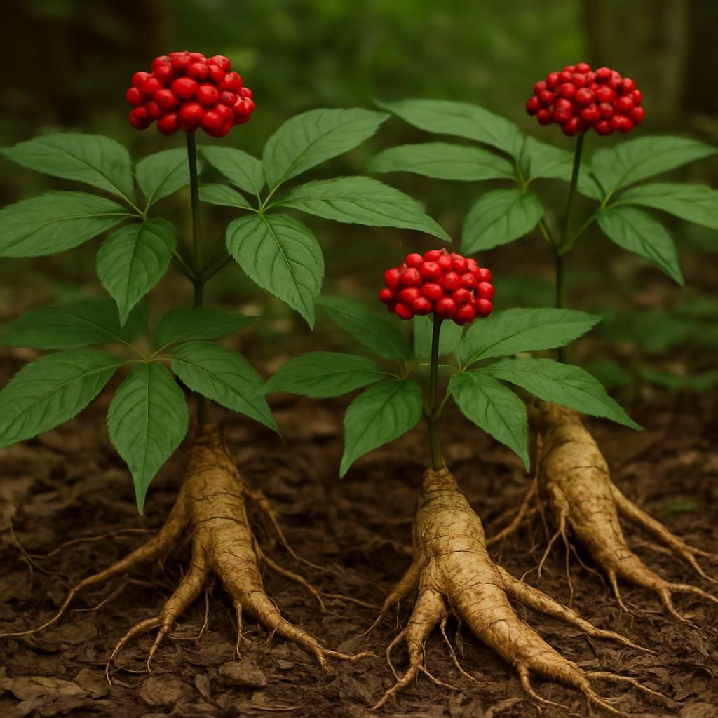 Mature American ginseng plants with red berries under shaded woodland canopy for professional growing guide