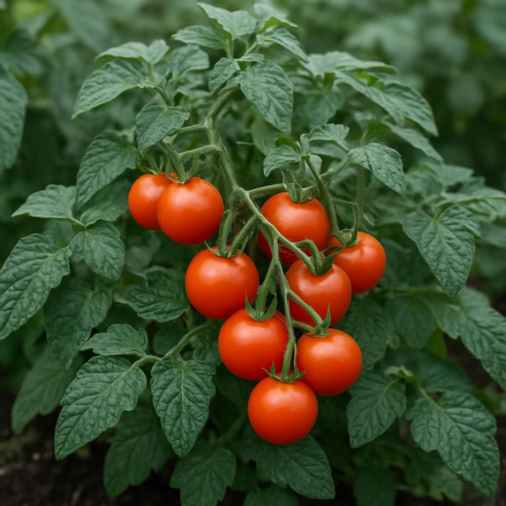 Ripe red Glacier Tomato clusters growing on compact determinate plants in a cool climate garden