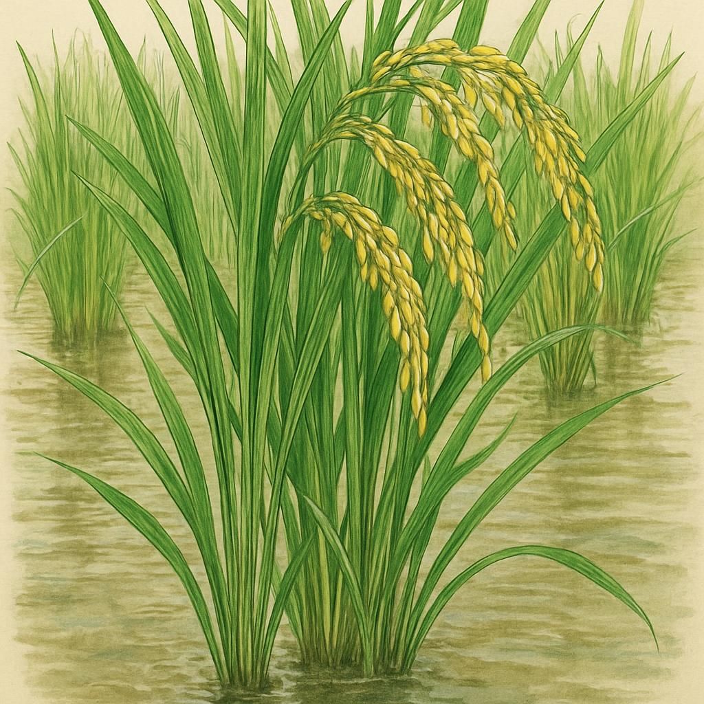 Close-up of Glutinous Rice (RD6) thriving with tall green stalks in water-logged paddies.
