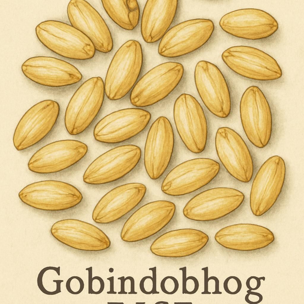 Close-up of Gobindobhog rice grains, depicting their short, plump nature and aromatic qualities.