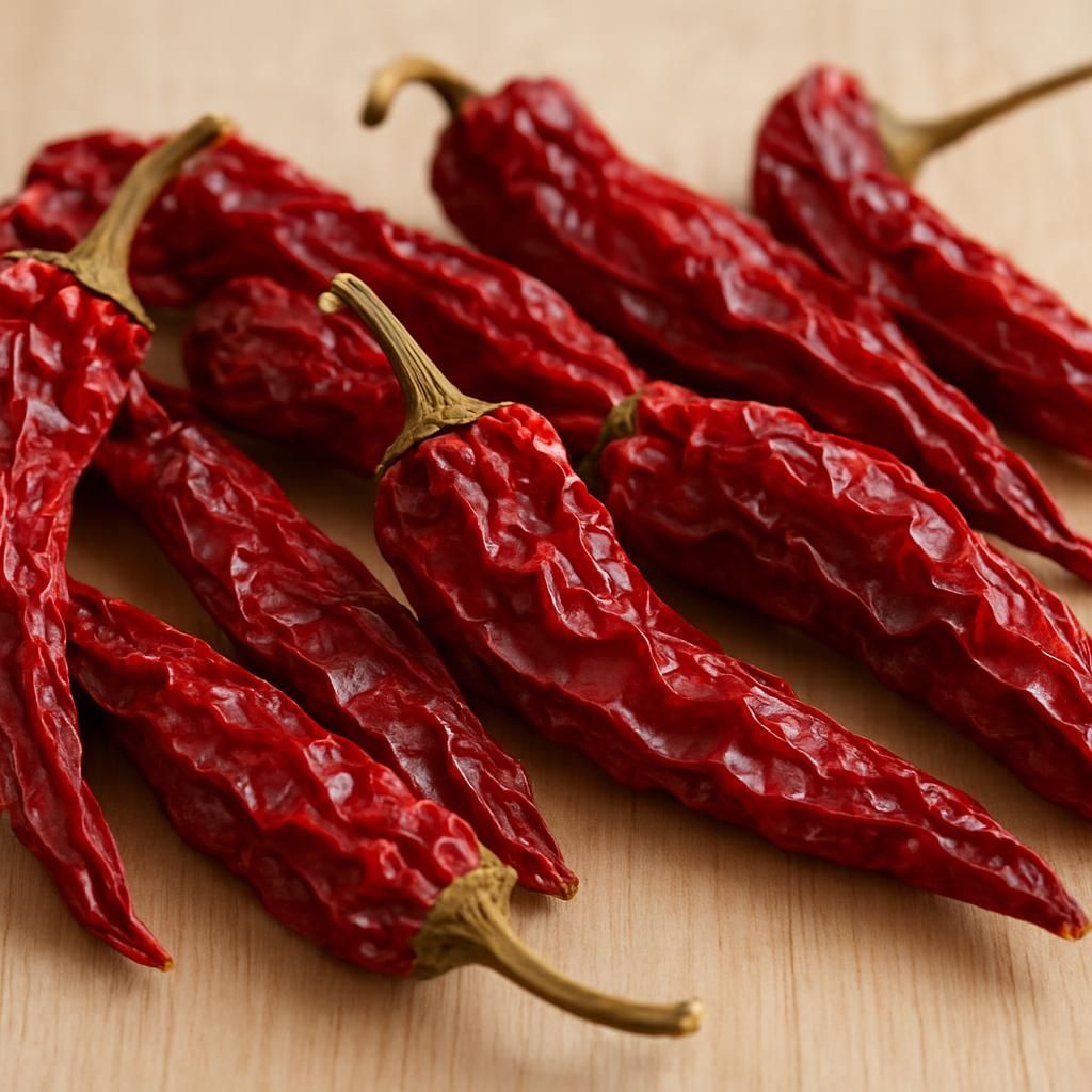 Close-up of sun-dried Gochugaru Chili peppers showing deep red color and thin skin ideal for authentic Korean chili flakes