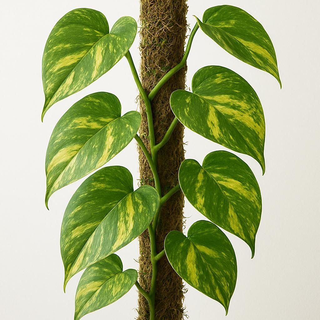 Close-up of Golden Pothos vines showing golden variegated leaves on moss pole