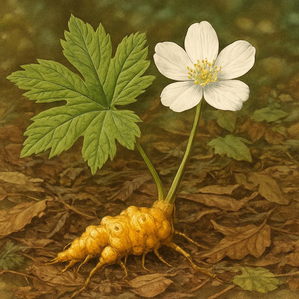 Close-up of goldenseal plant with yellow rhizome and white flower in shaded woodland setting