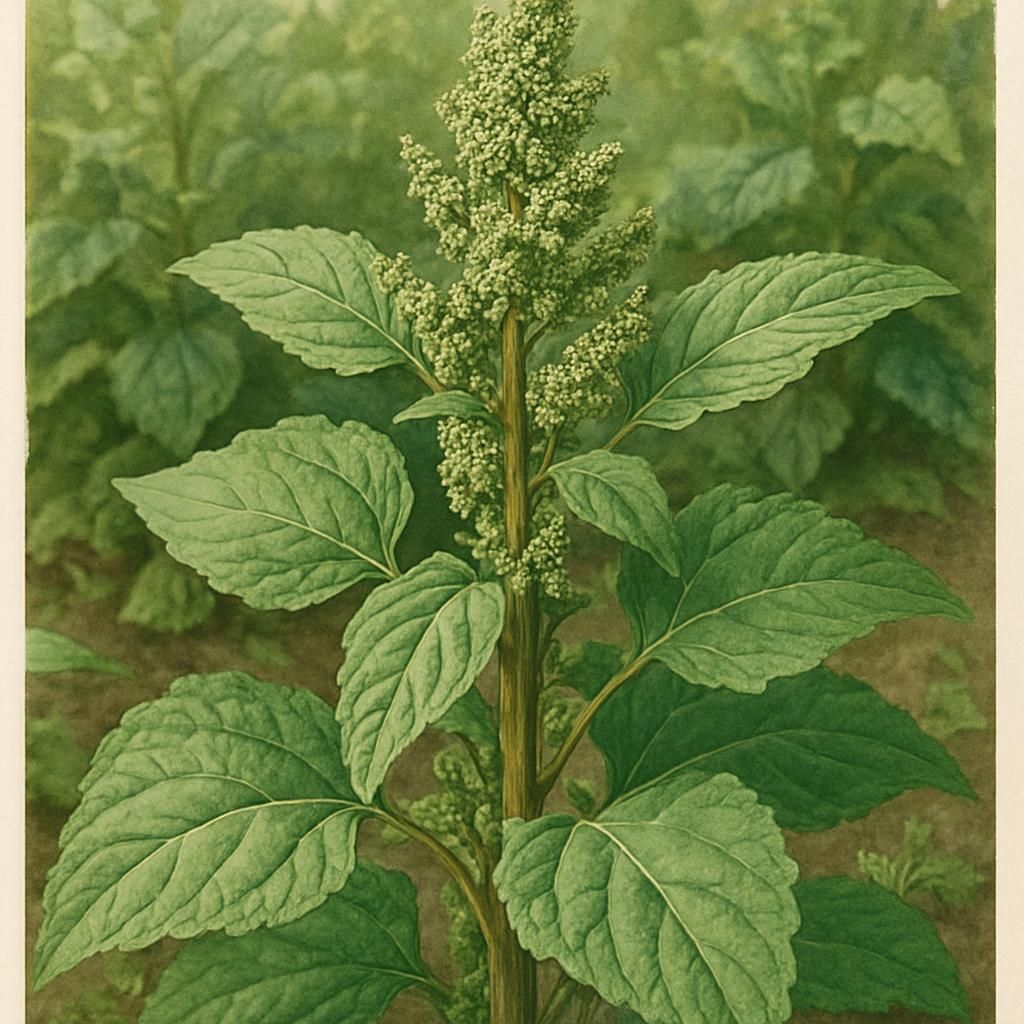 Close-up of Good King Henry leaves and shoots in a garden setting.