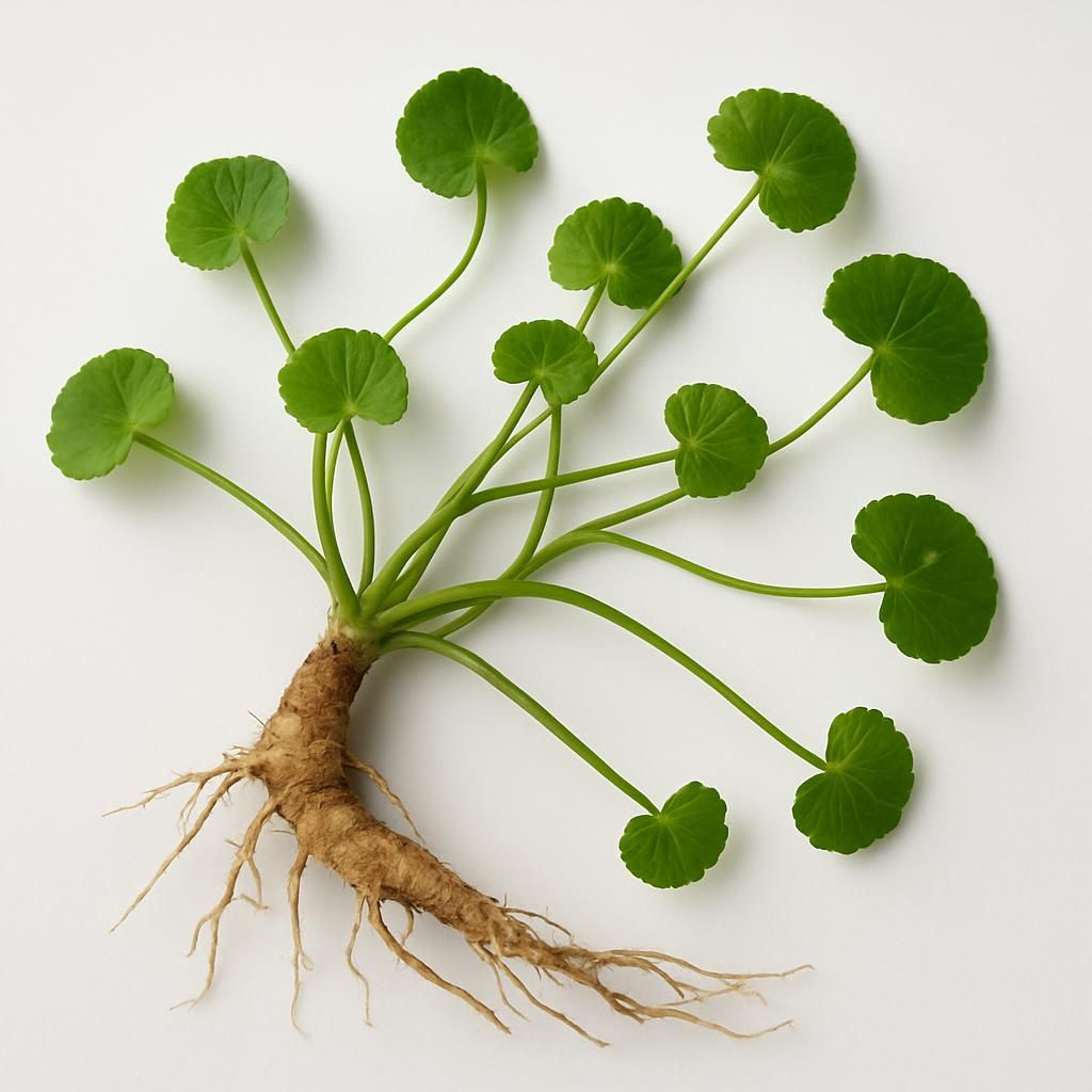 Close-up of fresh Gotu Kola Root rhizomes showing creeping stems and round leaves