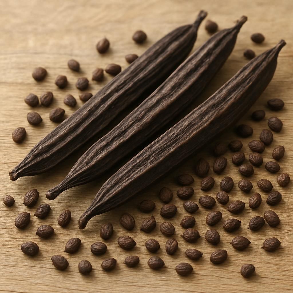 Close-up of aromatic Grains of Selim pods and seeds highlighting their distinctive dark brown color and elongated shape