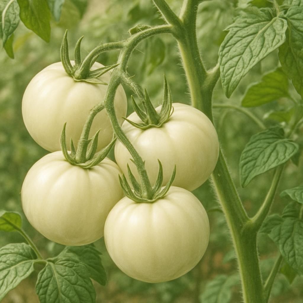 Close-up of creamy white Great White Tomato fruits growing on healthy indeterminate vines in organic garden