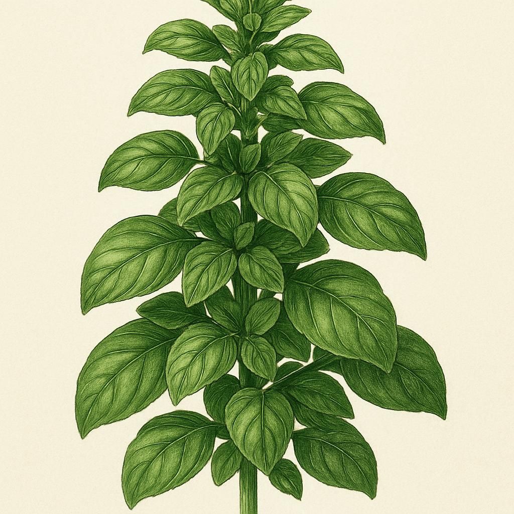 Close-up of Greek Columnar Basil with vibrant green leaves in a vertical growth pattern.