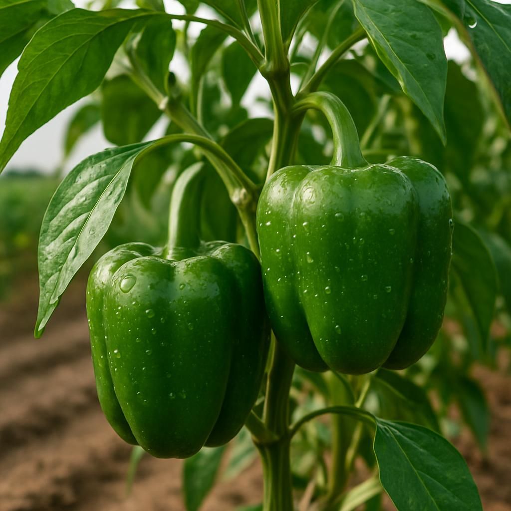 Close-up of firm green bell peppers ready for brining on healthy Capsicum plant