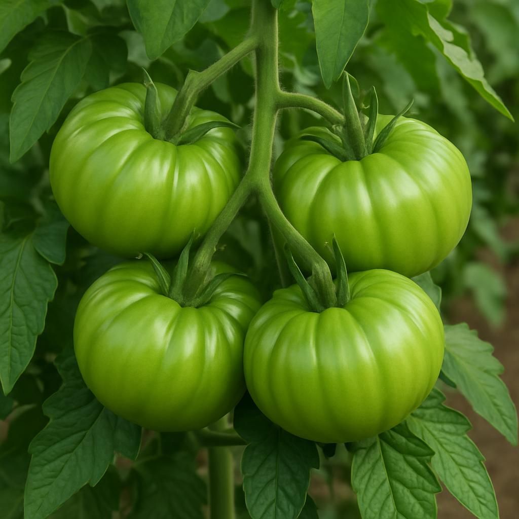 Close-up of Green Stuffer Tomatoes on vine highlighting thick green hollow fruit walls and healthy indeterminate plant growth