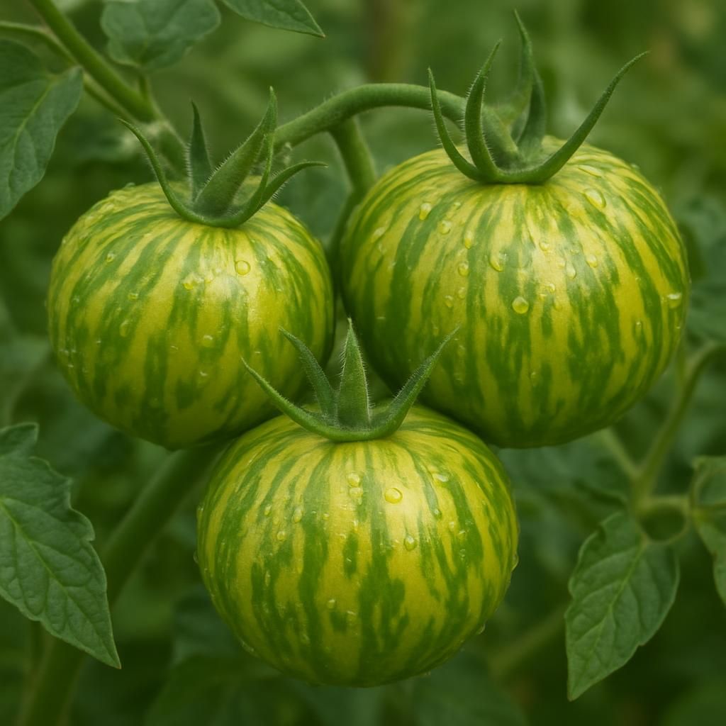 Close-up of Green Tiger Tomato with green-yellow tiger stripes on vine