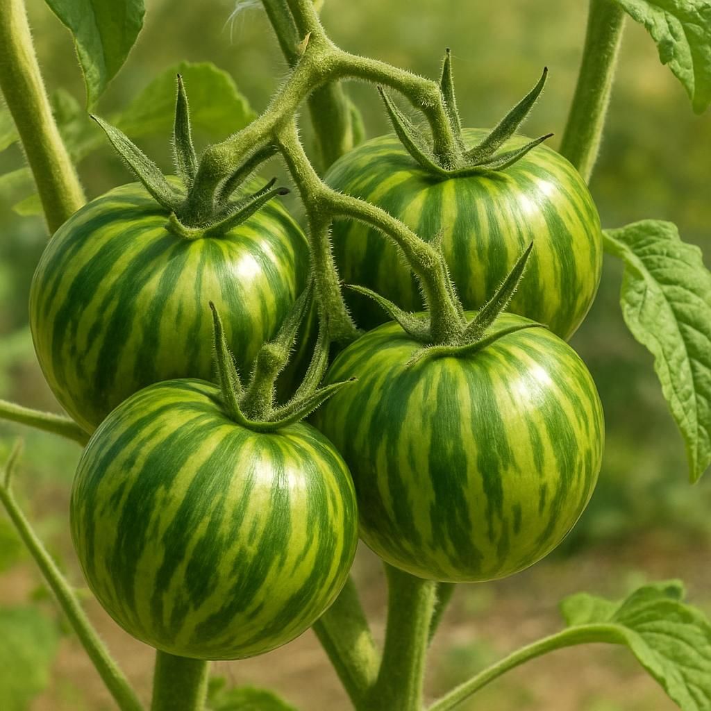Close-up of ripe Green Zebra tomatoes with green and yellow stripes on the vine