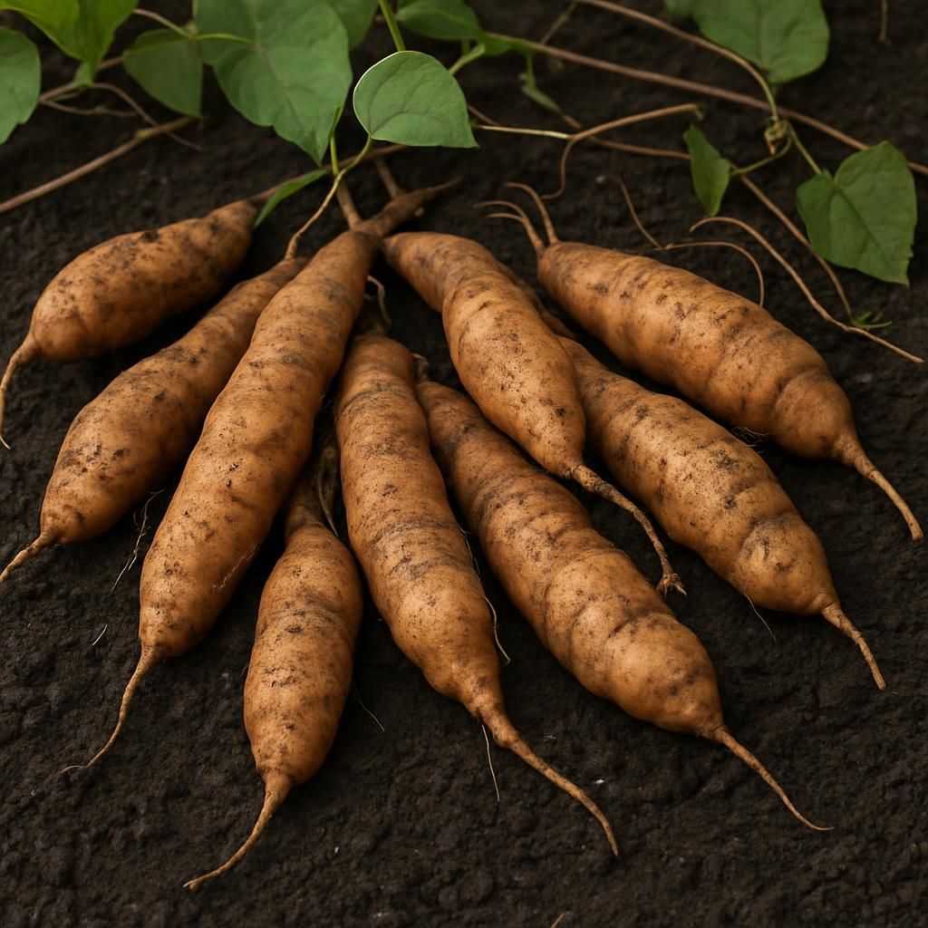 Freshly harvested Groundnut (Apios americana) tubers on soil, highlighting their elongated knobby shape and earthy brown color
