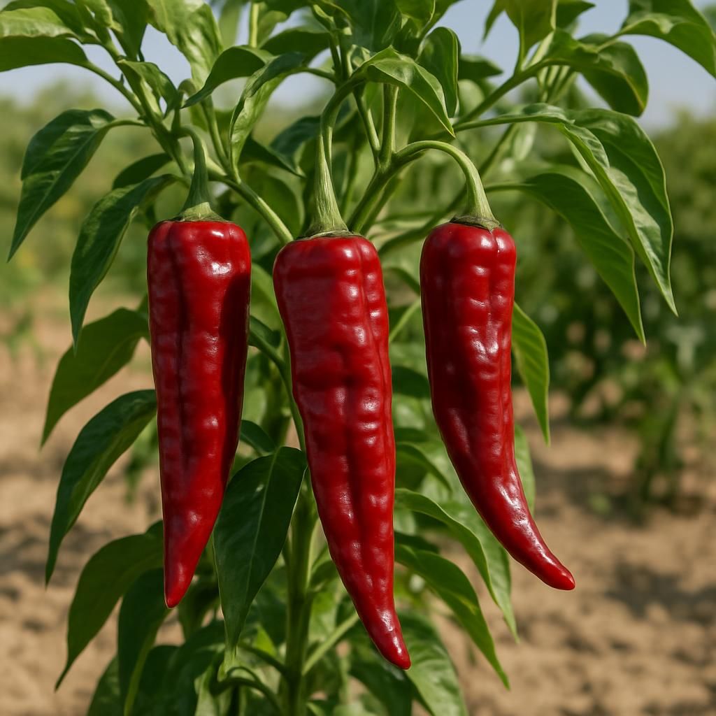 Ripe red Guajillo peppers on the vine ready for harvest in a professional agricultural setting