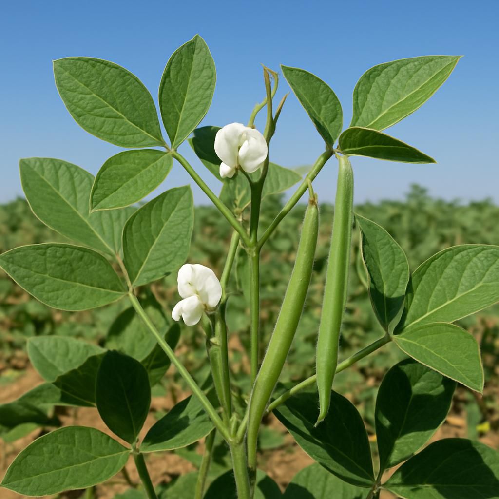 Close-up of guar gum plants with white flowers and seed pods in arid field conditions
