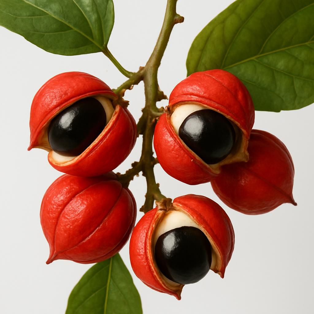 Close-up of ripe guarana fruit and black seeds on Paullinia cupana vine