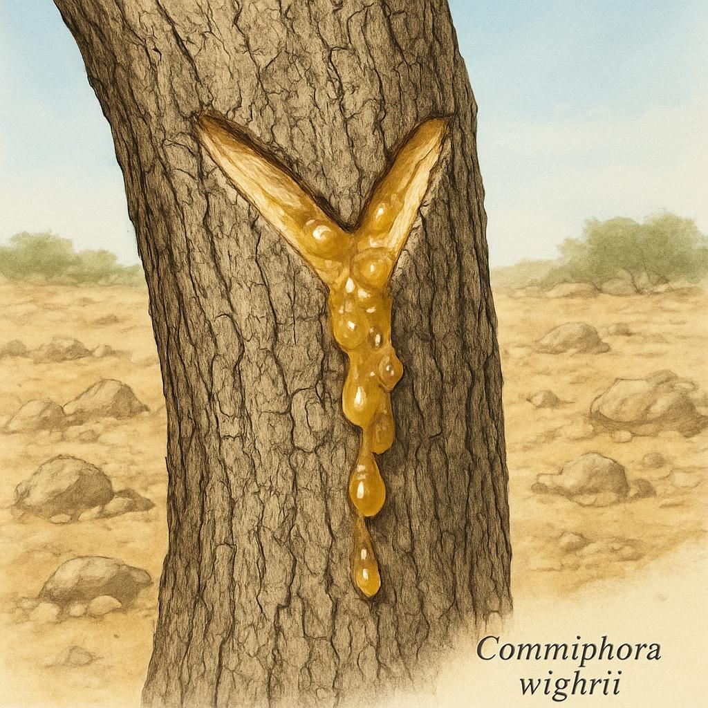 Close-up of guggul resin exuding from tapped Commiphora wightii bark in arid field conditions