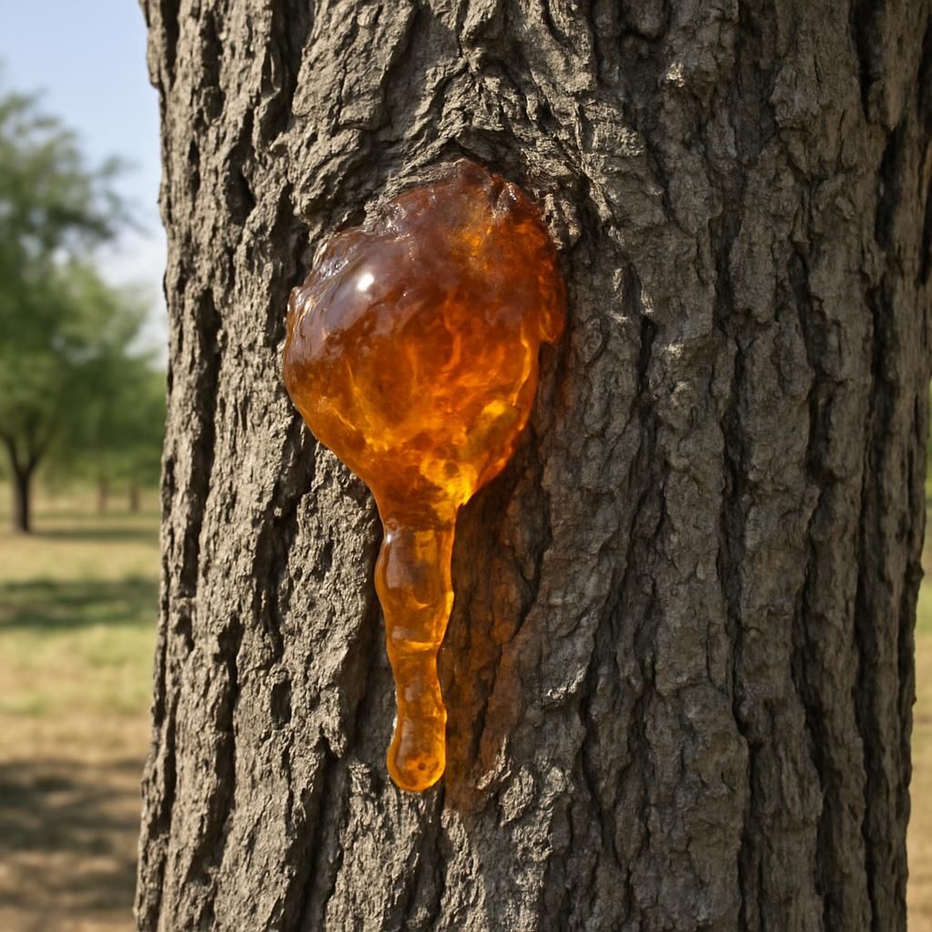 Close-up of Gum Arabic exuding from Senegalia senegal tree bark in Sahel savanna