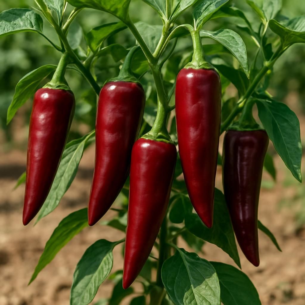 Close-up of ripe deep-red Guntur Sannam chilies on the plant ready for harvest