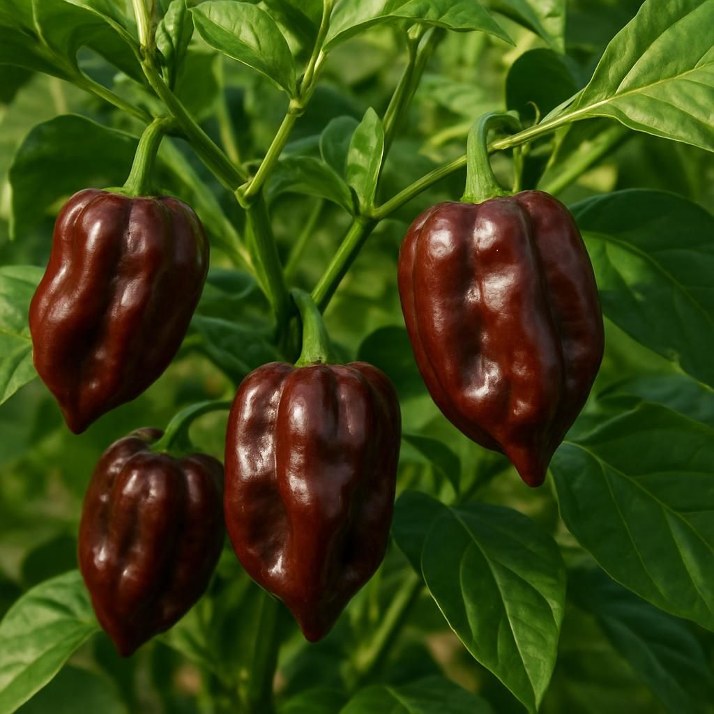 Close-up of ripe chocolate-brown Habanero Chocolate peppers on plant for growing guide header image