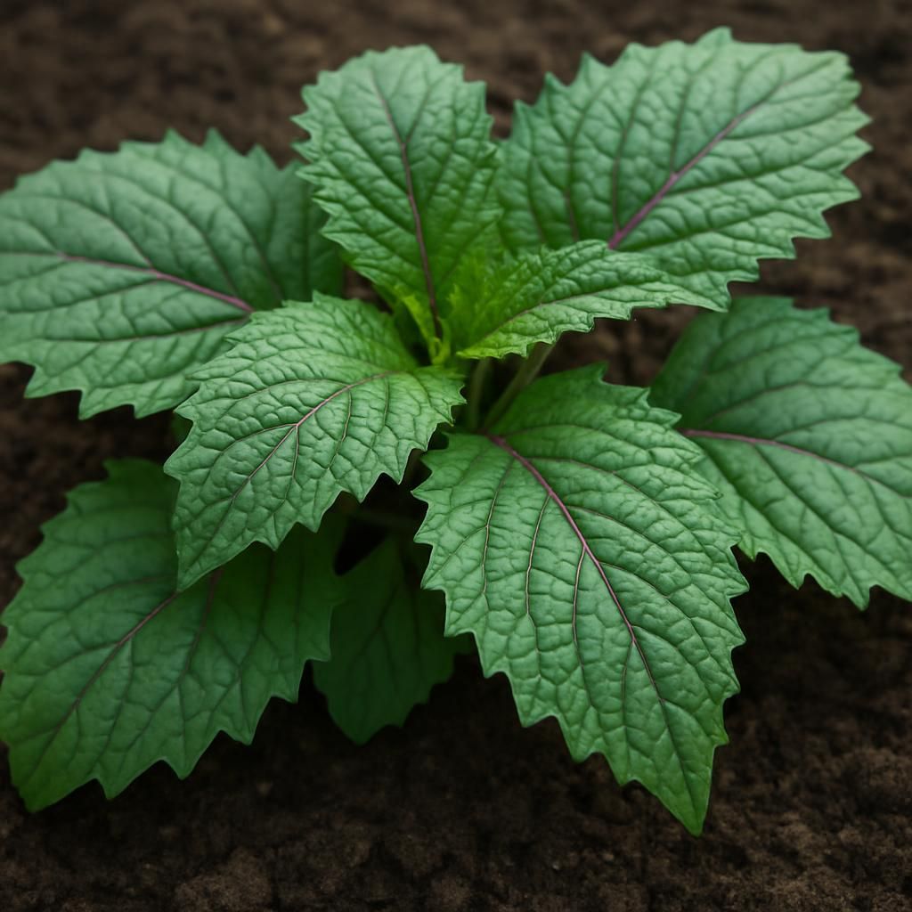 Close-up of fresh Habanero Mustard greens showing serrated leaves and purple veining in organic soil