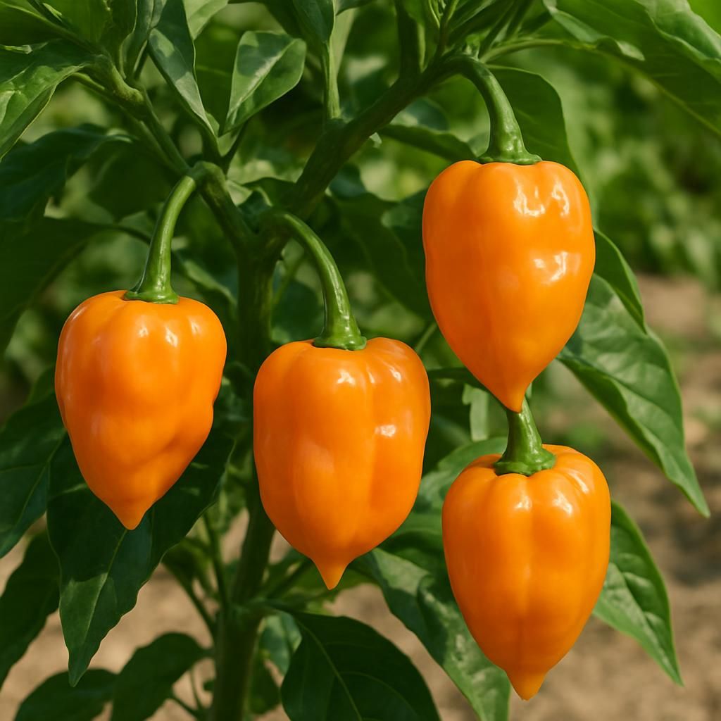 Close-up of ripe orange habanero peppers on plant for professional growing guide