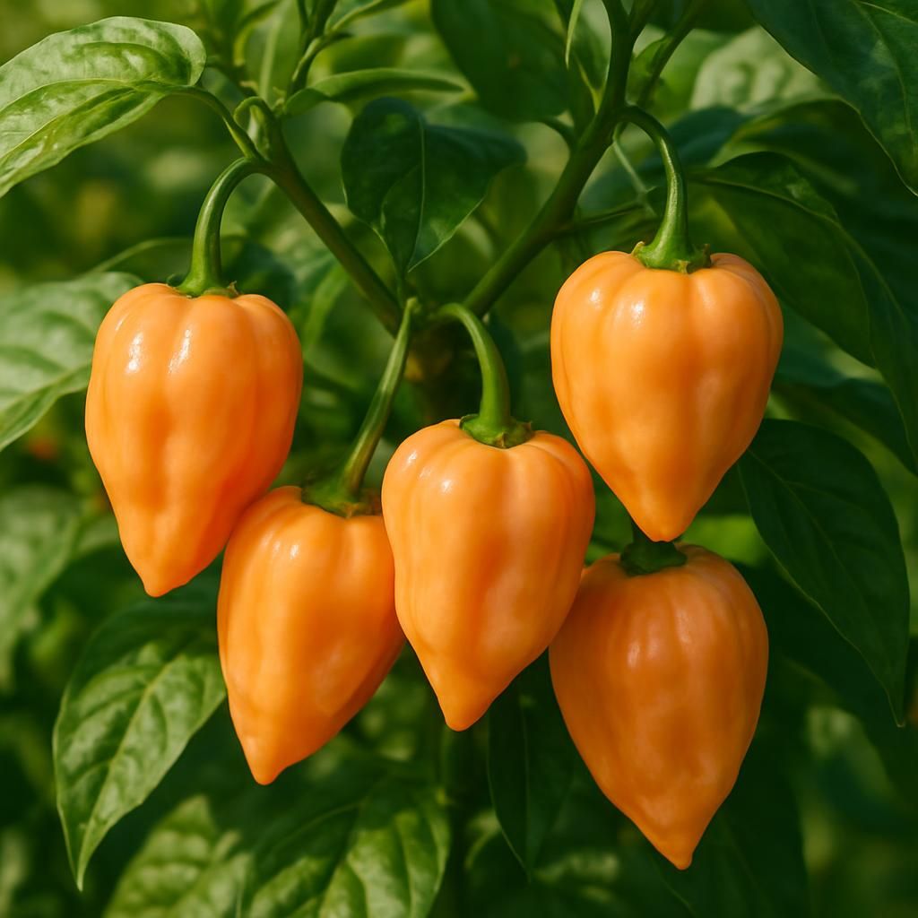 Close-up of vibrant peach-orange Habanero Peach peppers growing on a healthy plant with lush green leaves