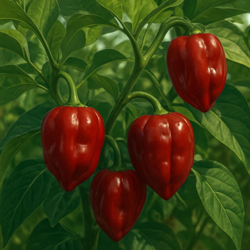 Close-up of ripe red Habanero Red Savina peppers growing on vibrant green plant in field