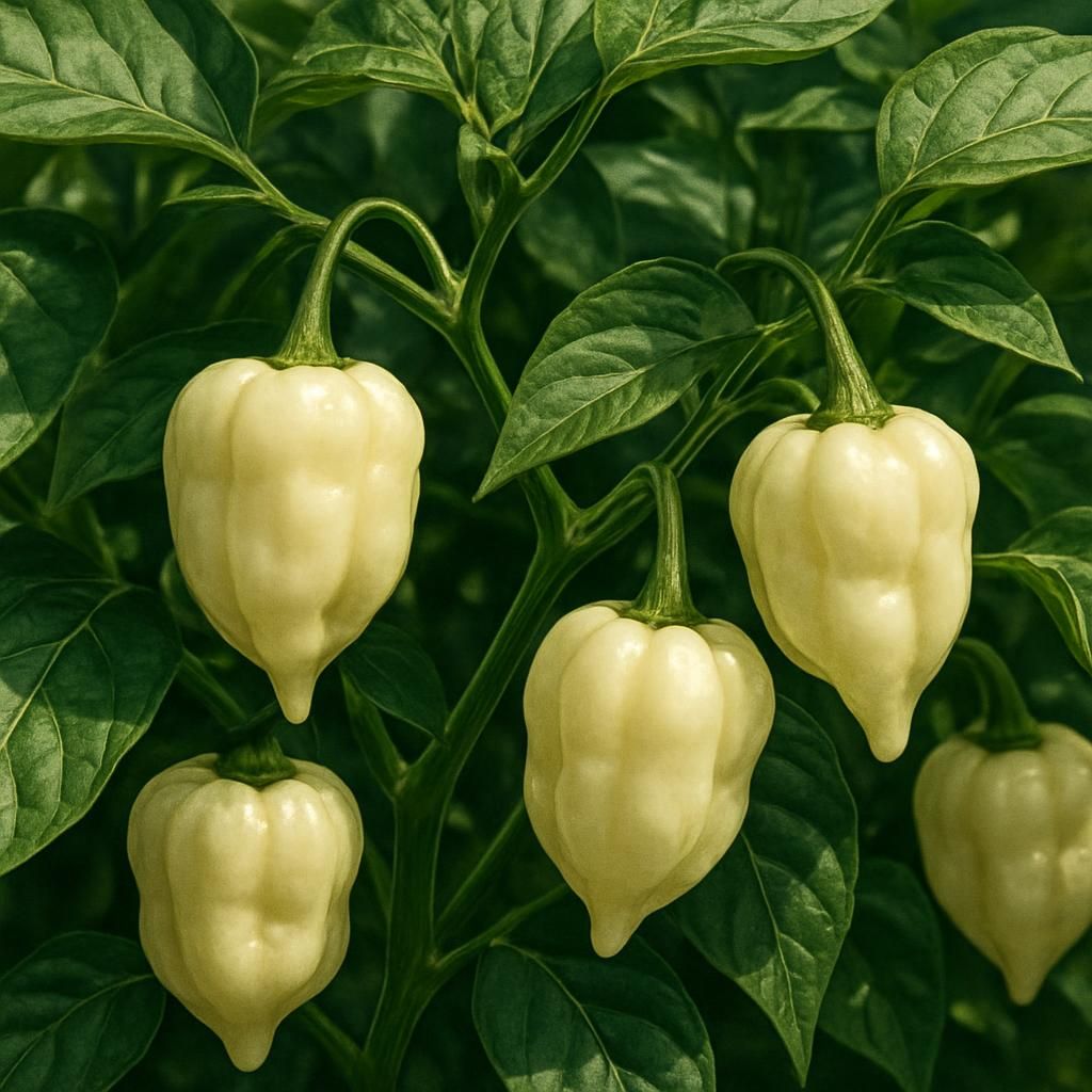 Close-up of creamy white Habanero White chili peppers on plant ready for harvest