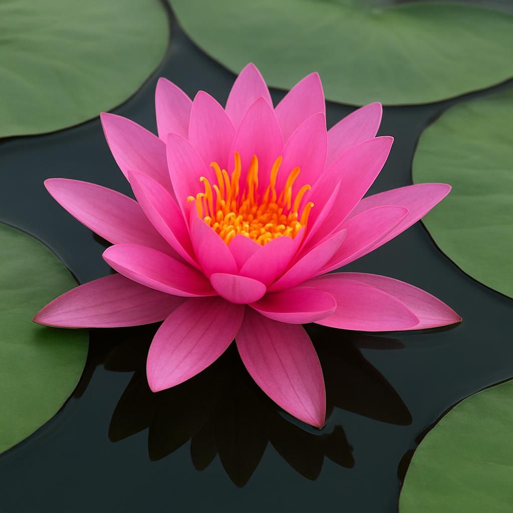Close-up of hardy water lily pink bloom and floating green leaves on a serene pond surface