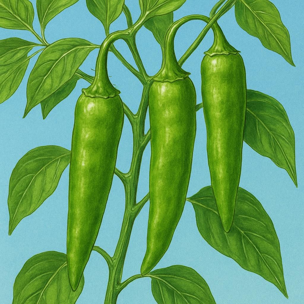 Vibrant green Hatch Chili peppers on the plant against a sunny sky, showcasing their distinctive shape and color.