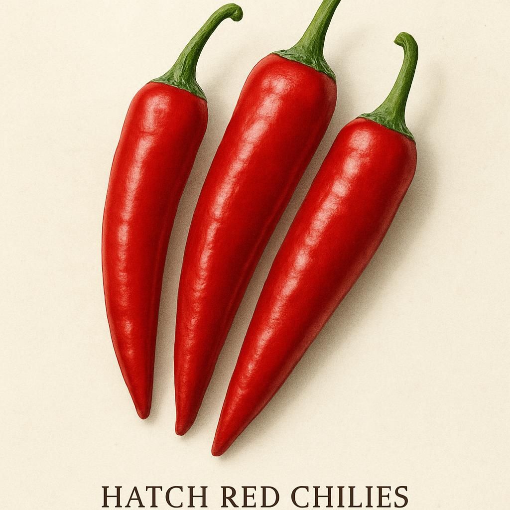 Close-up of mature Hatch Red Chili peppers on the plant, showing their vibrant red hue.