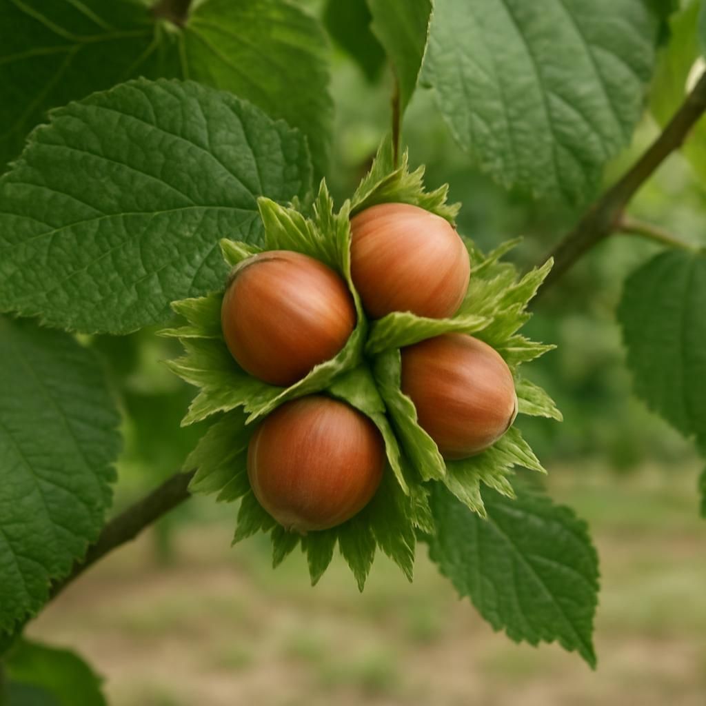 Close-up of ripe Barcelona hazelnuts in leafy husks on the tree ready for harvest