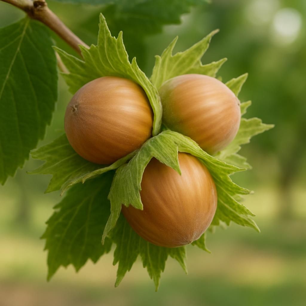 Ripe Casina hazelnuts in husks on tree branch ready for harvest
